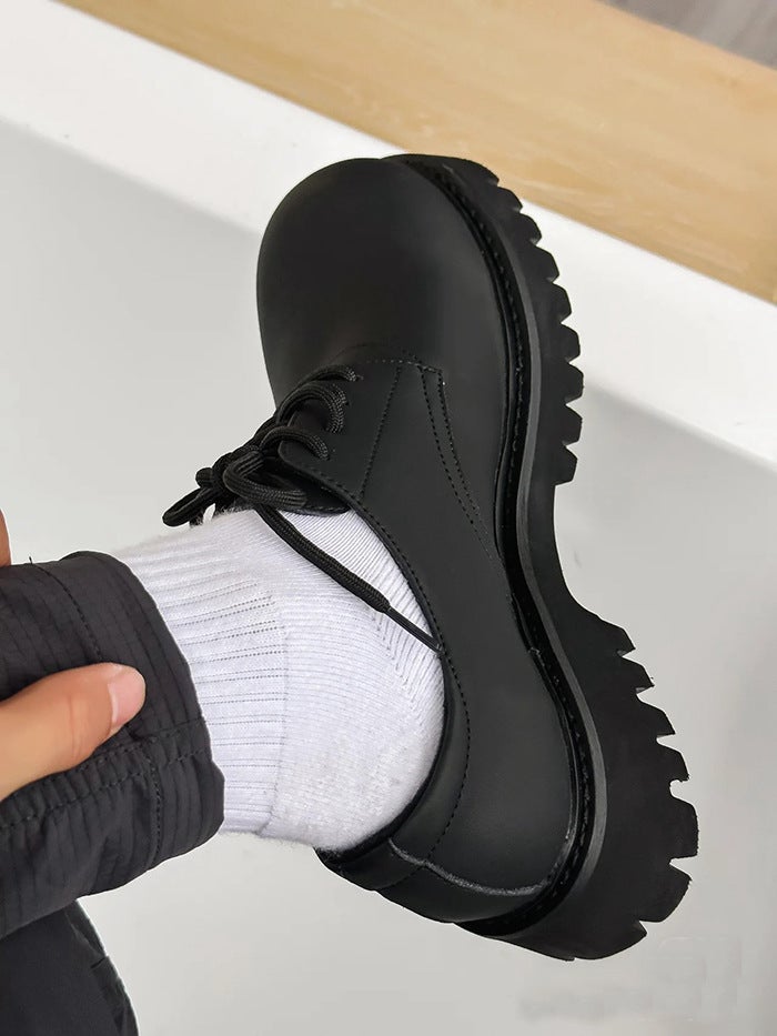 Carbon Black Big Toe Derby Shoes Thick Sole Height Increasing Casual Mickey Leather Shoes Loafers Commuter Men'S And Women'S Same Ins Genuine Leather - Image 1